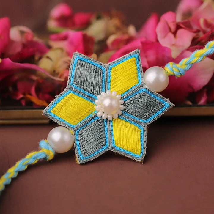Handmade Embroidered Flower Rakhi With Roli Chawal