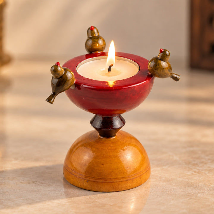 "Birds On An Hourglass" Etikoppaka Wooden Tealight Holder With Tealight For Festive Decor