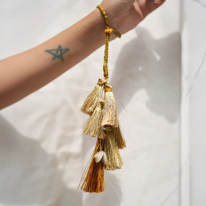 1 pc Lumba + Brass Thali Set | Premium Kaju Katli Golden Tassel Lumba with Roli Chawal