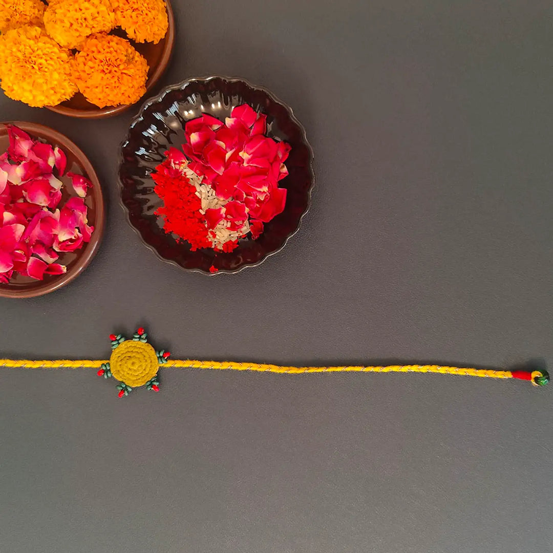 Handmade Crochet Beaded Round Ethnic Rakhi With Roli Chawal