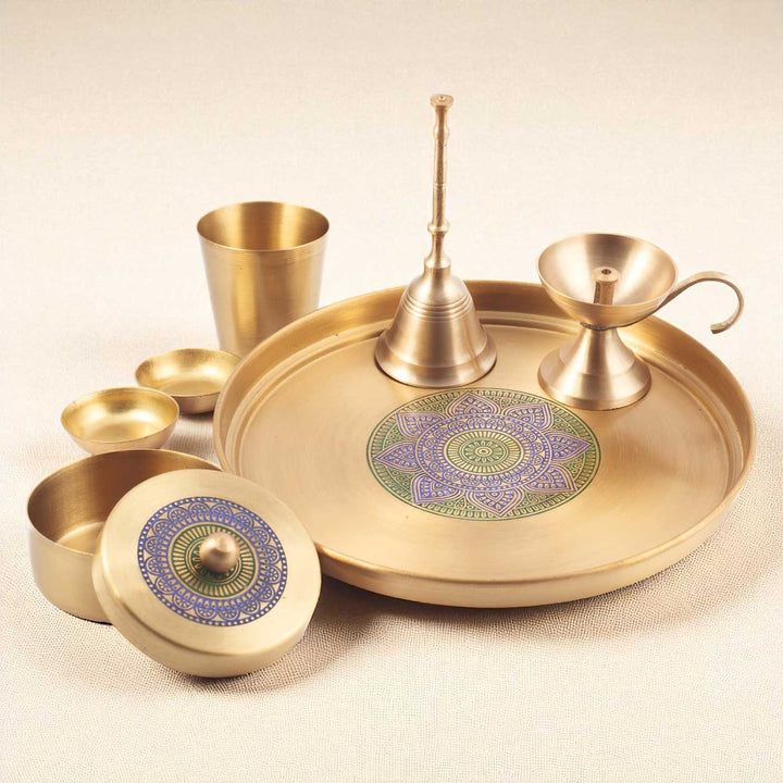 Hand-Painted Astha Pujan Brass Gift Hamper | Includes 1 Bell, 1 Diya, 2 Kumkum Katori, 1 Prasad Box, 1 Glass And 1 Pooja Plate