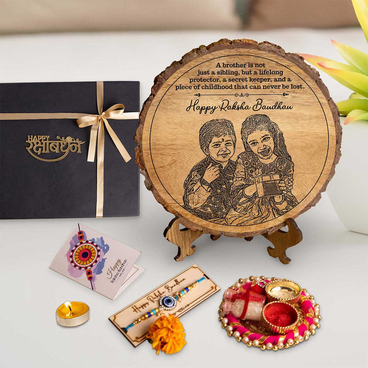 Photo Personalized Engraved Cute Bro Sis Theme Wooden Decorative Plaque Rakhi Hamper Includes 1 Rakhi 1 Plaque 1 Chocolate 1 Card And 1 Rakhi Plate - Decorative Plaque with Gift Items