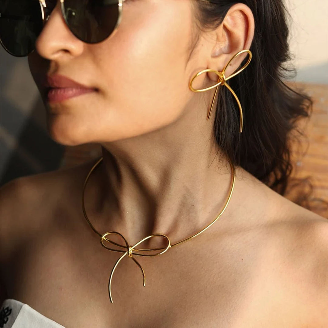 Handmade Bow Bliss 18k Gold Plated Brass Necklace With Earrings | Set Of 3