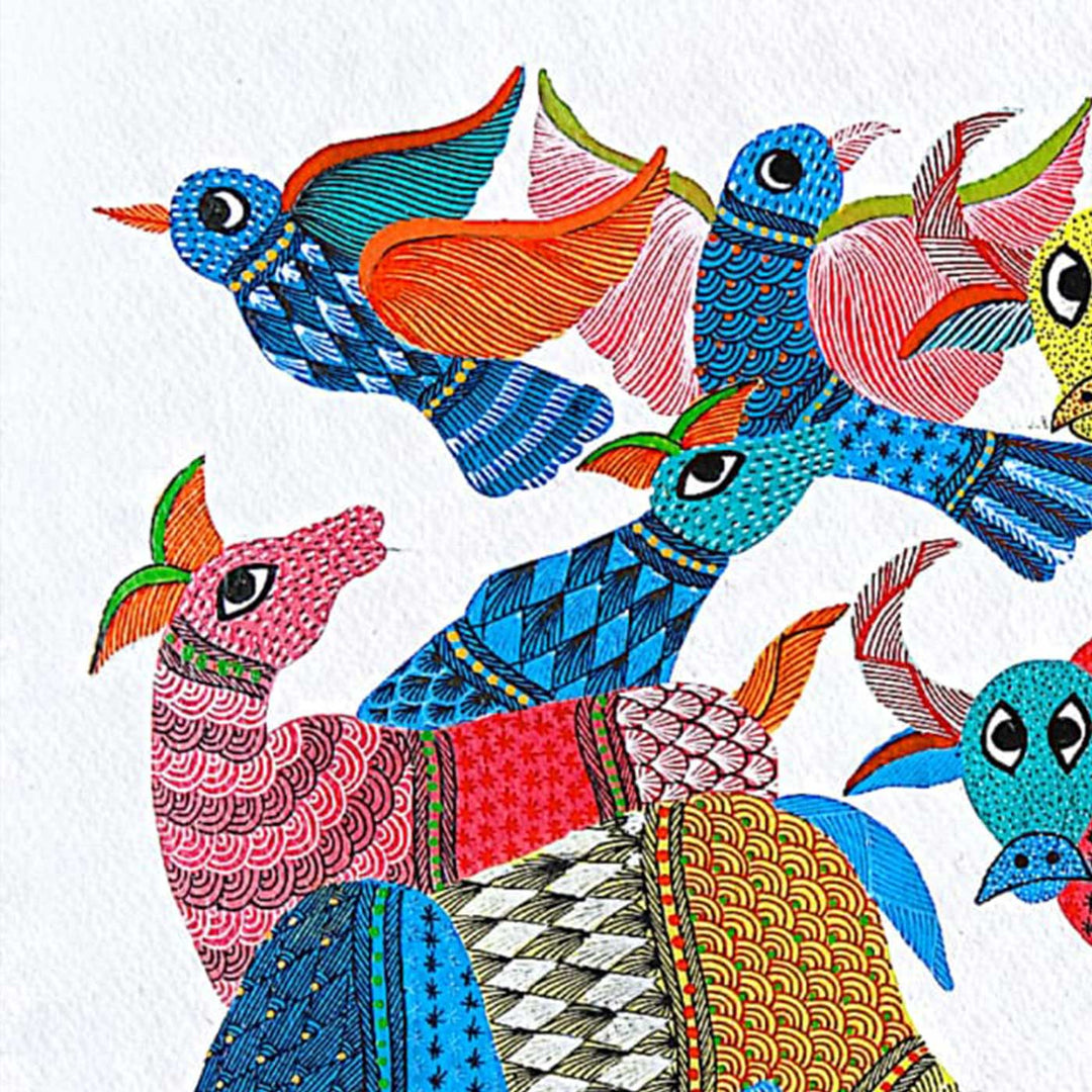 11 x 15 Inch | Colorful Cows and Birds in Harmony | Original Hand painted Tribal Gond Art Painting | Acrylic Paints On Paper