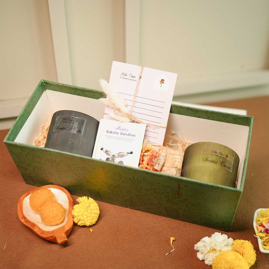 Personalized Handmade Fragrance Lover Rakhi Hamper Includes 1 Gift Box 1 Rakhis 1 Roli Chawal 1 Candle And 1 Message Card - Gift Box Packaging Display