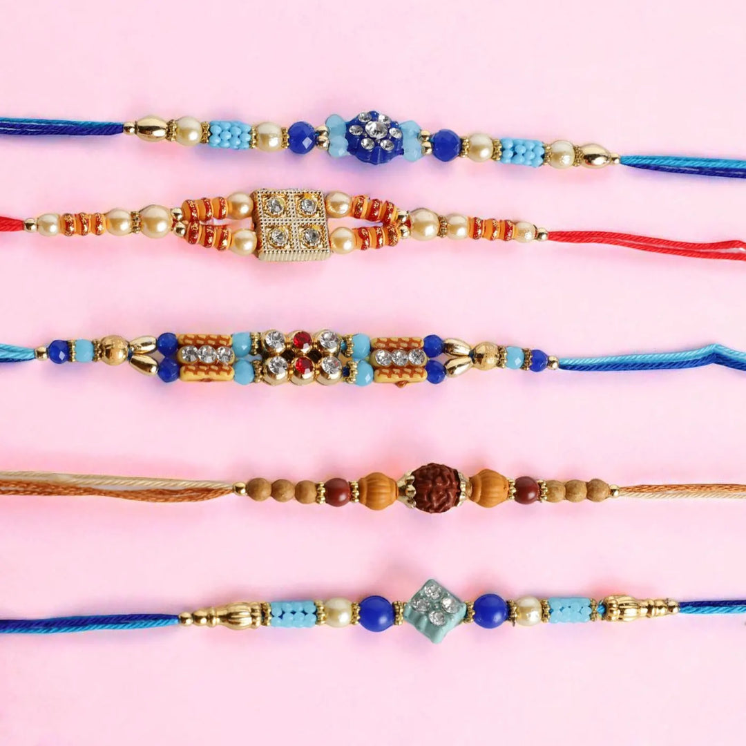 Handmade Beaded Stone Embellished Rakhi With Roli Chawal | Set Of 5