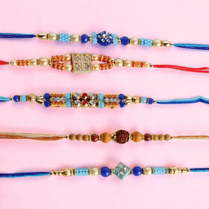 Handmade Beaded Stone Embellished Rakhi With Roli Chawal | Set Of 5