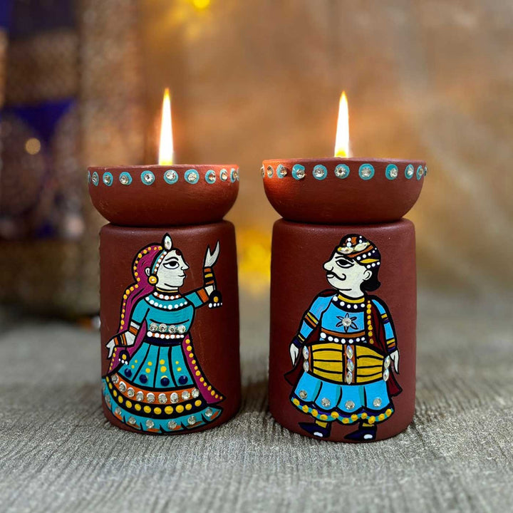 Hand-Painted Rajasthani Couple Theme Terracotta Tealight Holder | Set Of 2