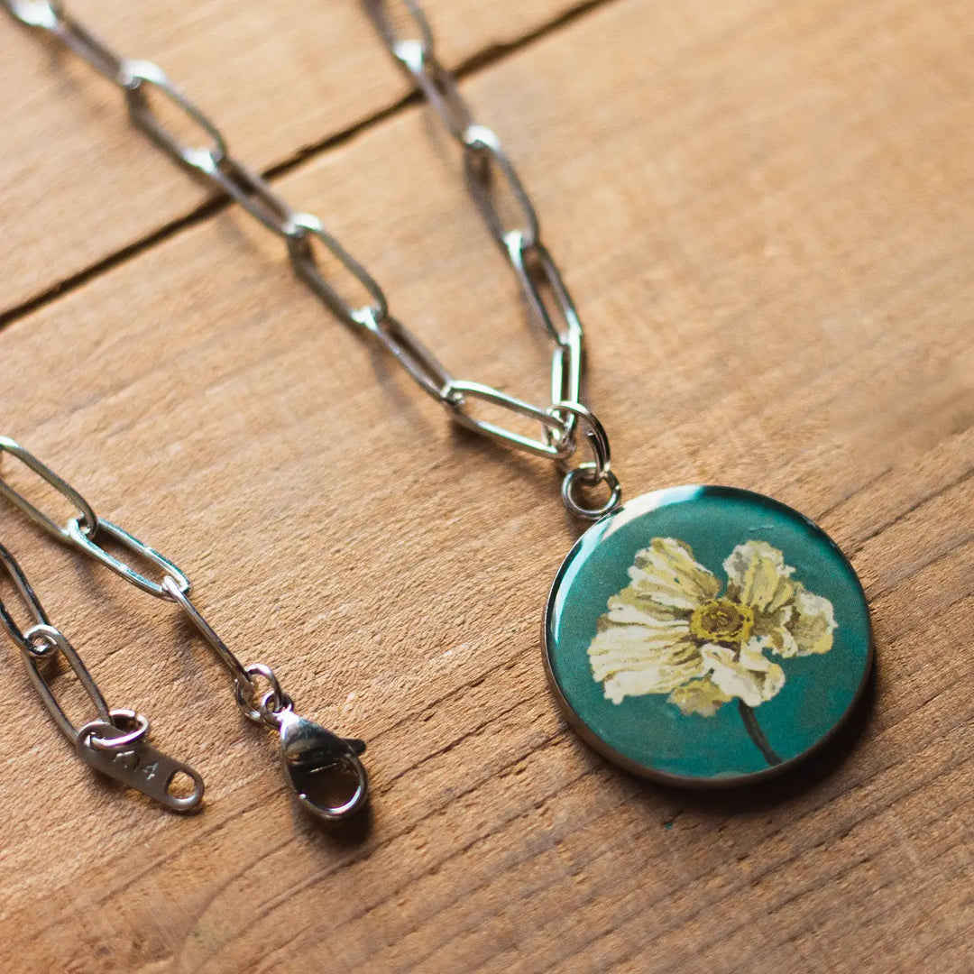 Illustrated White Poppy Flower Design Resin & Stainless Steel Necklace