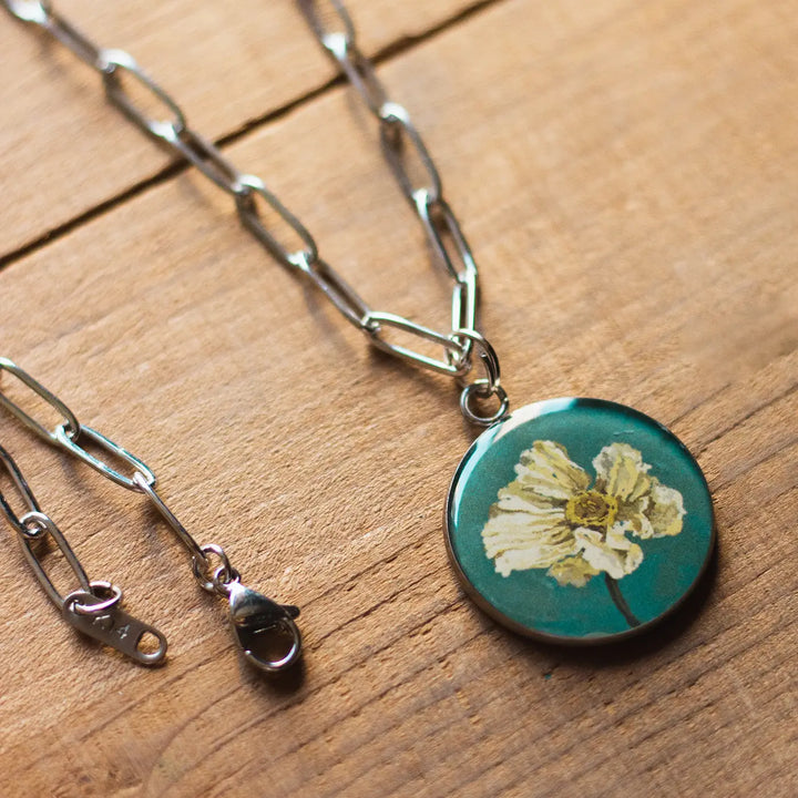 Illustrated White Poppy Flower Design Resin & Stainless Steel Necklace