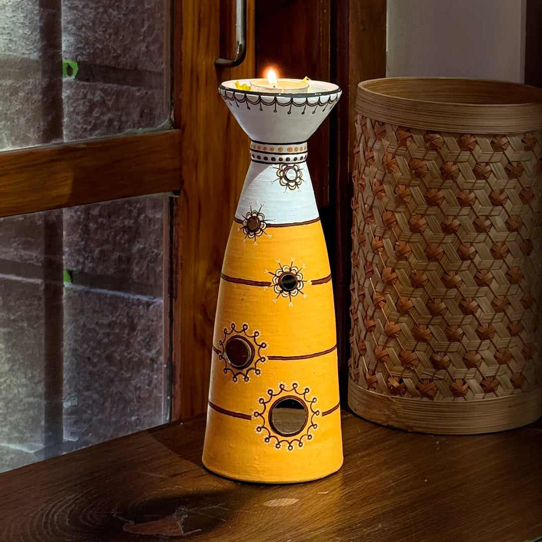 Sunny Yellow Hand-Painted Terracotta Long Diya Tealight Holder For Festive Decor