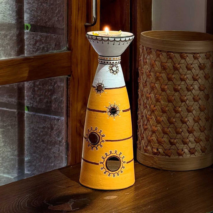 Sunny Yellow Hand-Painted Terracotta Long Diya Tealight Holder For Festive Decor