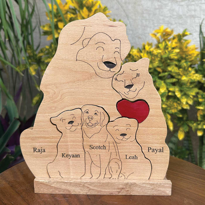 Personalized Lion Family Of 5 With Dog Wooden Figurine