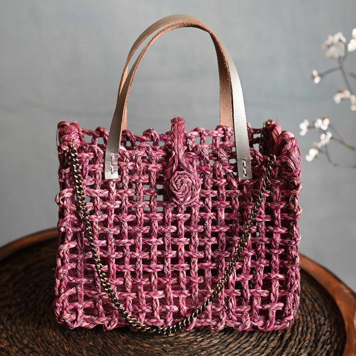 Handmade Grass Woven Boxed Metal Chain Strap Sabai Mesh Sling Bag