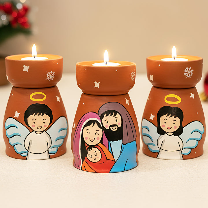 Hand-Painted Holy Family & Angels Terracotta Tealight Holders | Set Of 3