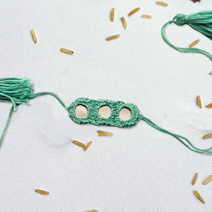 Handmade Crochet Mirror Work Rakhi With Roli Chawal