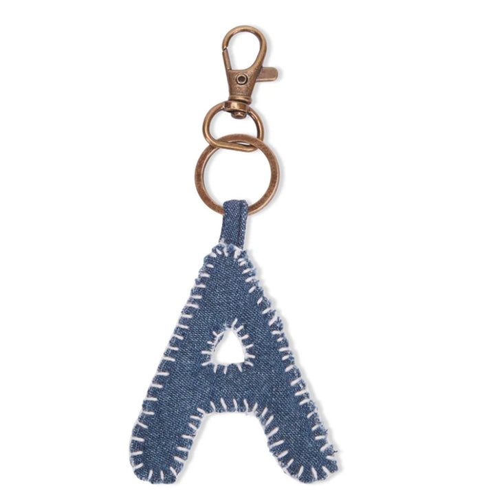 Hand Embroidered Upcycled Jeans Fabric Alphabet Charm Antique Finish Keychain