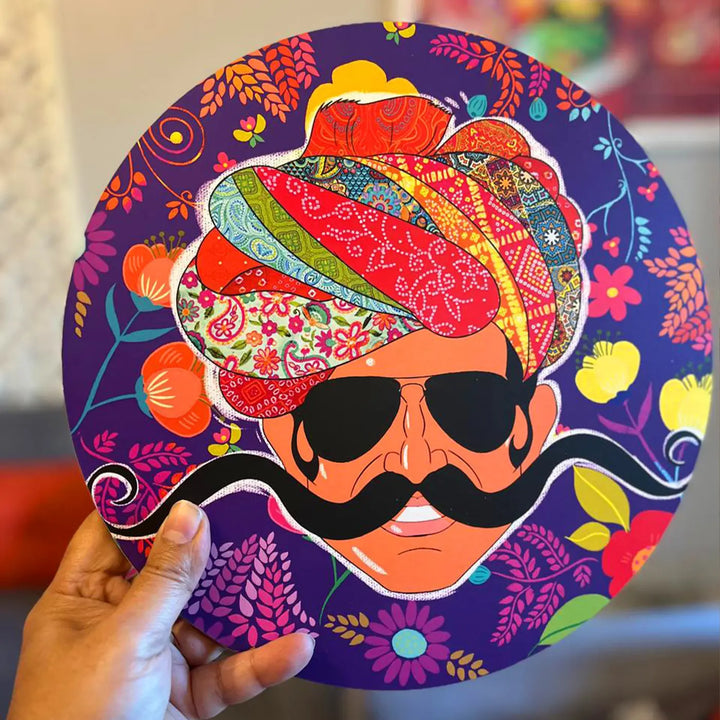 Printed Round Rajasthani Man Theme MDF Wood Wall Decor