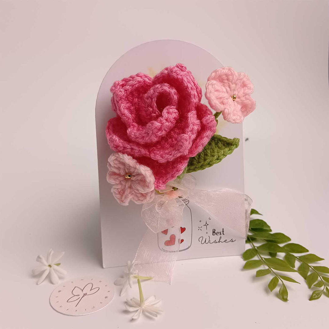 Handmade Crochet 3D Light Pink Rose Greeting Card