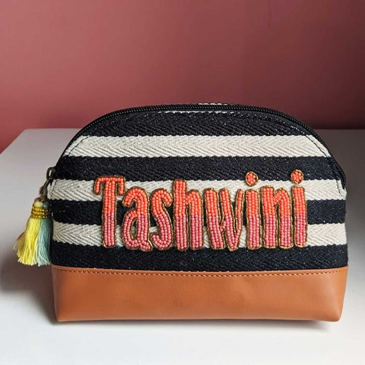 Personalized Handmade Embroidered Black And Whie Stripes Jacquard Pouch