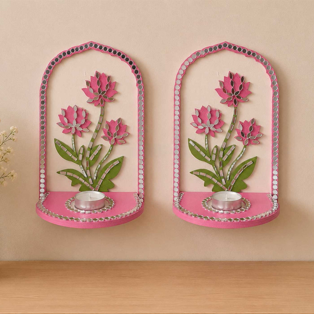 2 pc | Handcrafted Lotus Mirror Work MDF Tealight Holders For Festive Decor