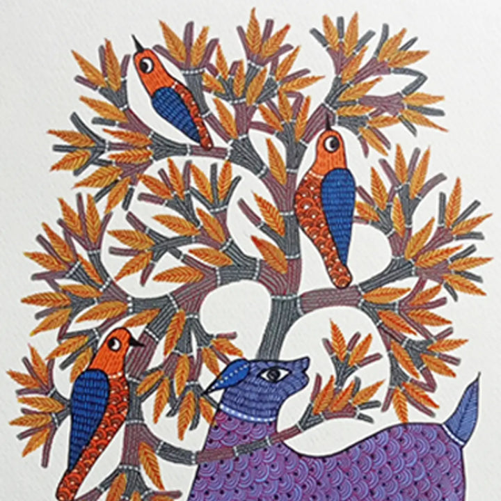 11 x 16 Inch | Wildlife & Birds Under Tree | Original Hand Painted Tribal Gond Art Painting | Acrylic Paint On Paper