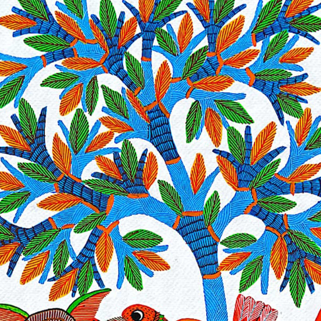 11 x 15 Inch | Animal, Birds & Tree | Original Hand painted Tribal Gond Art Painting | Acrylic Paints On Paper