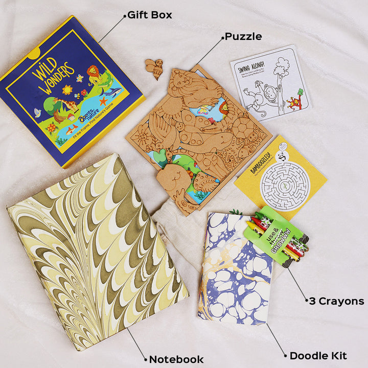 Eco-Friendly Handmade Hamper | Includes 1 Puzzle, 1 Doodle Kit, 3 Crayons, 1 Notebook & 1 Gift Box