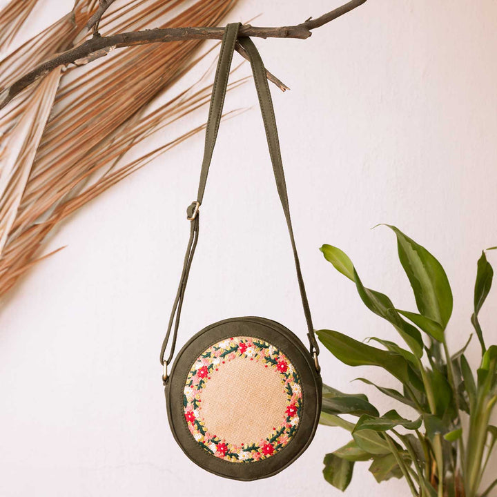 Personalized Embroidered Olive & Jute Floral Round Sling Bag