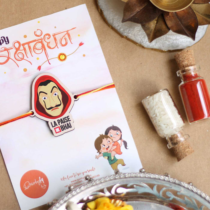 Handmade Paise De Bhai Theme Magnet Wooden Rakhi With Roli Chawal For Brother - Rakhi on Greeting Card with Thali items