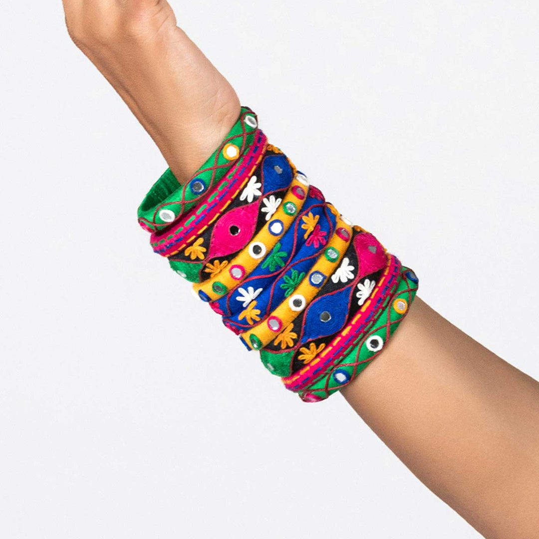 Multicolour Handcrafted Anchal Floral Mirror Work Bangles | Set of 10