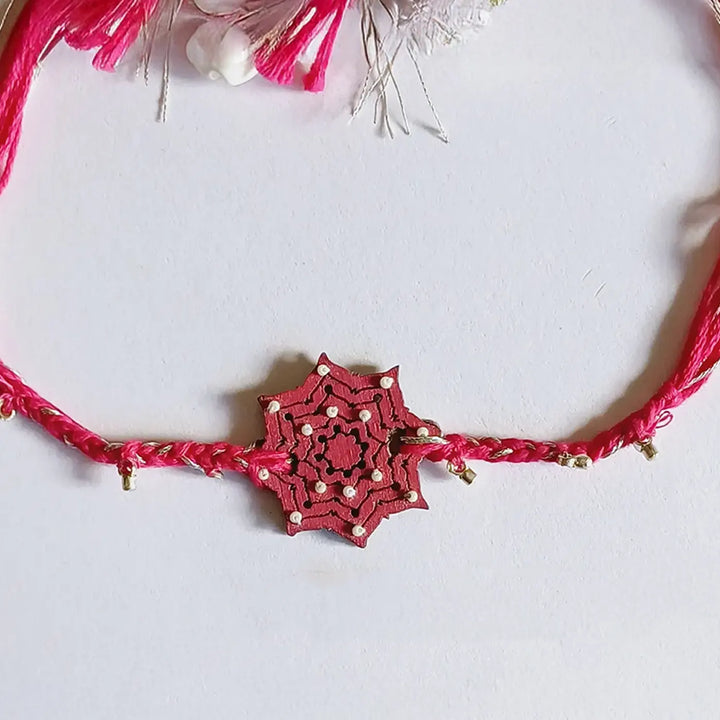 Handmade Pink Ghungroo Shell & Beads Wooden Lumba Rakhi For Bhabhi With Roli Chawal