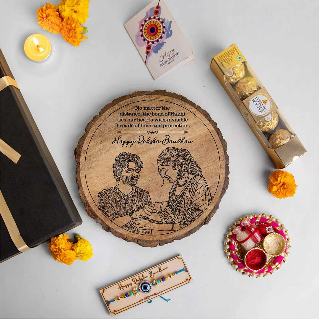 Photo Personalized Engraved Raksha Bandhan Theme Wooden Decorative Plaque Rakhi Hamper Includes 1 Rakhi 1 Plaque 1 Chocolate 1 Card And 1 Rakhi Plate - Flat Lay of Gift Contents