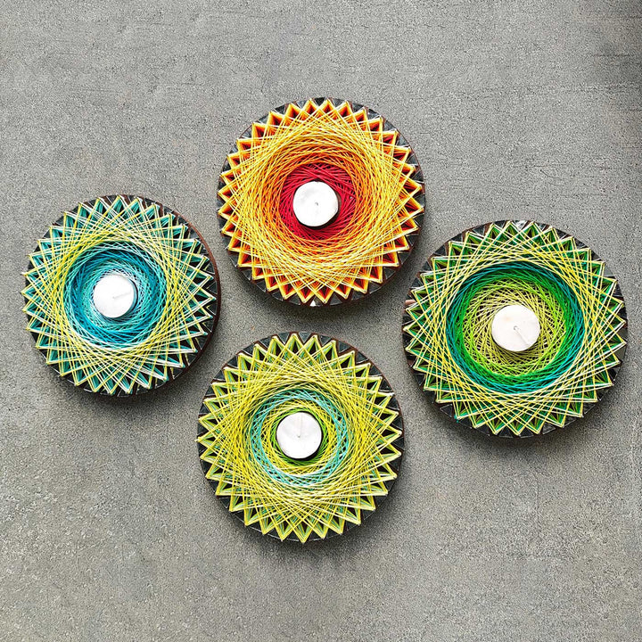 Handmade String Art Round Wooden Tealight Holder With Tealight Candle