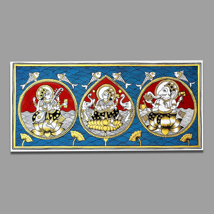 6.5 X 14 Inch | Saraswati Lakshmi Ganesh Paper Phad Painting