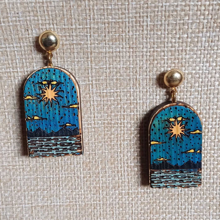 Handmade Sun & River Wooden Earrings
