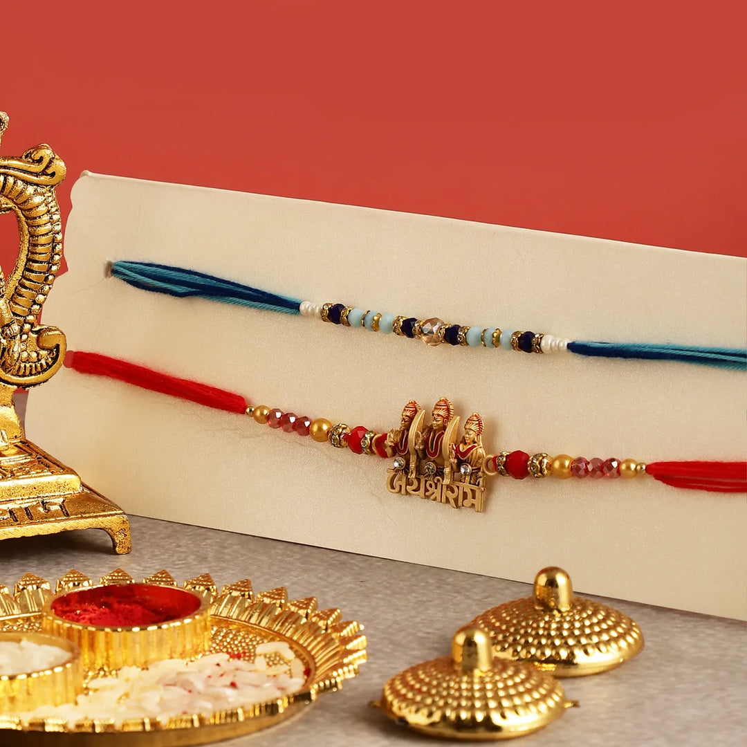 Handmade Shri Ram Rakhi Hamper | Includes 1 Ramdarbar Idol, 2 Rakhis, 1 Roli Chawal