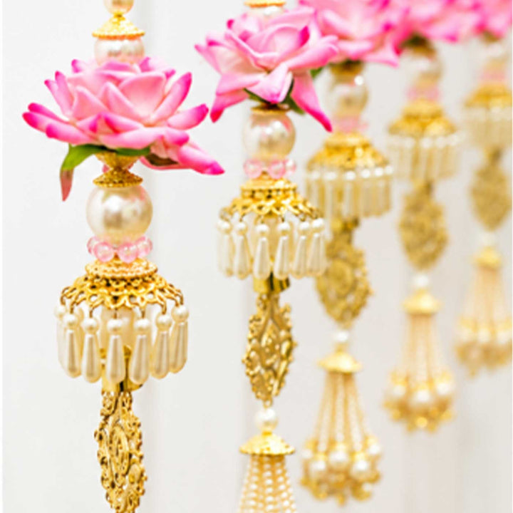 Handcrafted Pearl Strands And Rose Flower Door Hangings With Bells And Gold Bead Detailing
