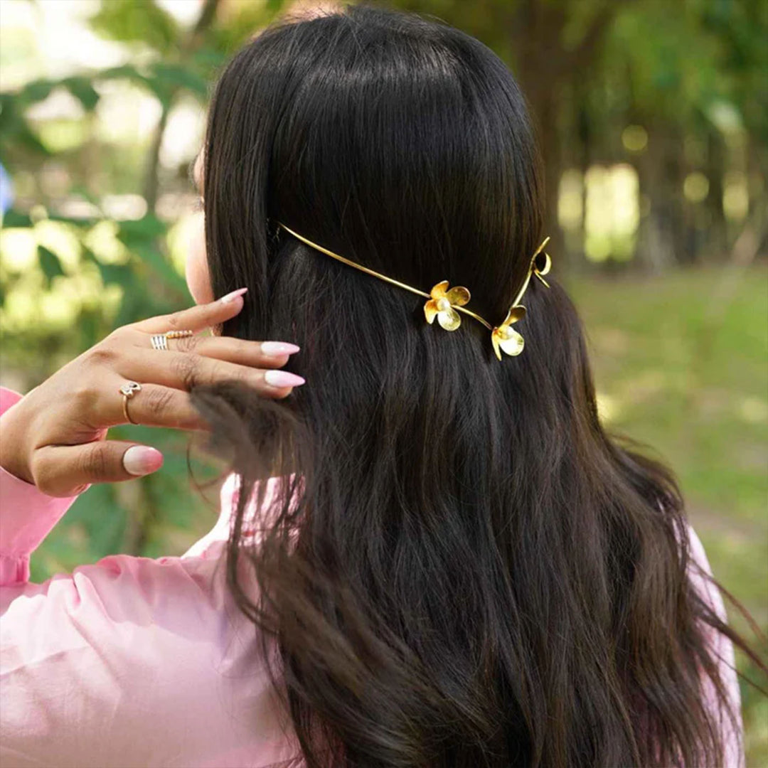 Handmade Phool Bageecha 18k Gold Plated Reverse Headband For Weddings