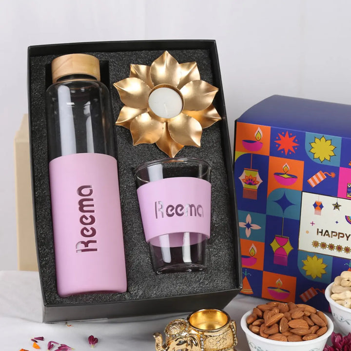 Personalized Diwali Gift Hamper | Includes 1 Bottle, 1 Glass, 1 Golden Lotus Diya