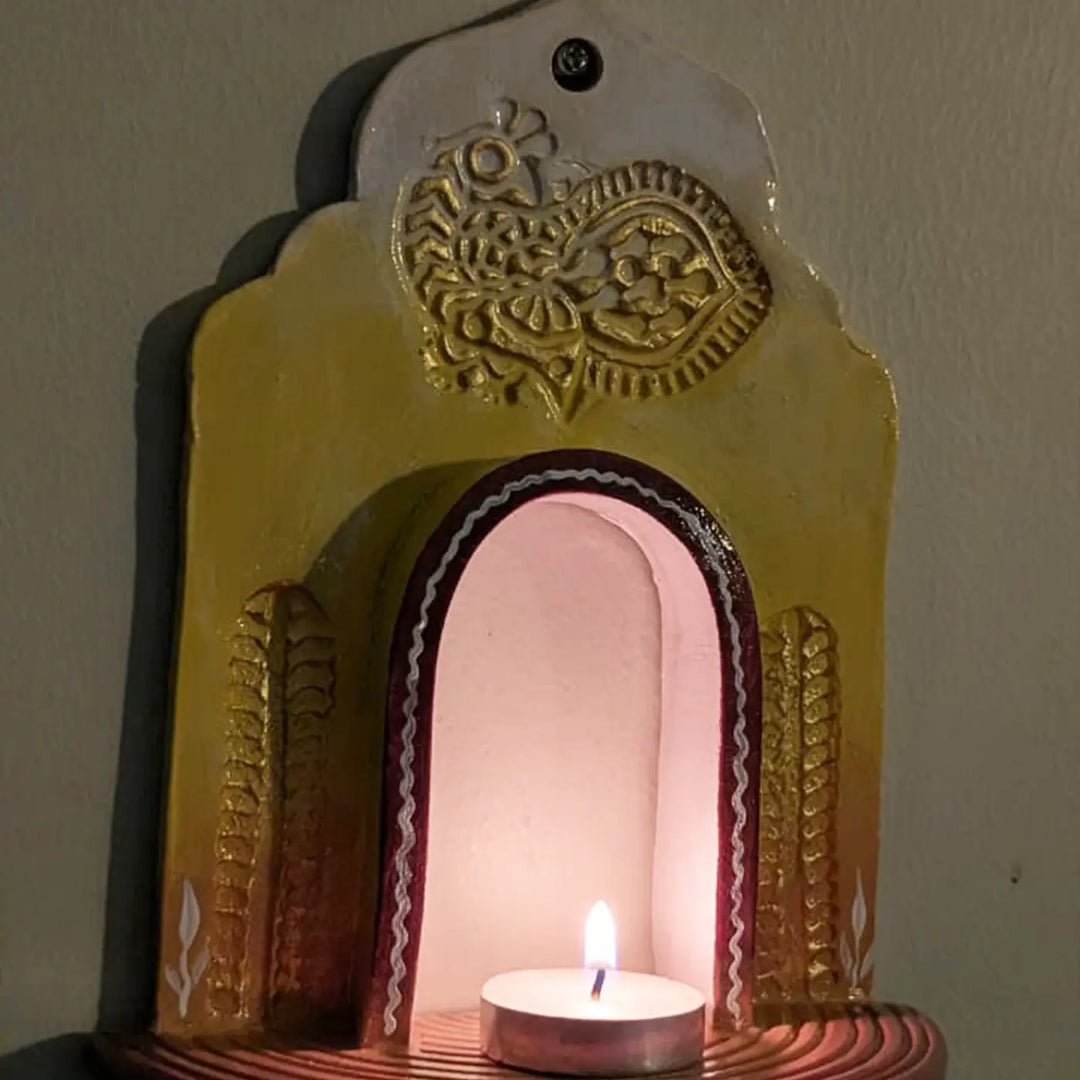 Hand-Painted Yellow & White Peacock Motif Terracotta Tealight Holder