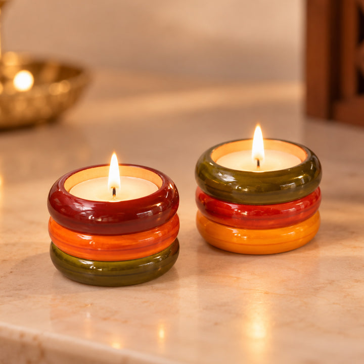 Set of 2 | "Three-Ringed" Etikoppaka Wooden Tealight Holders With Tealights For Festive Decor