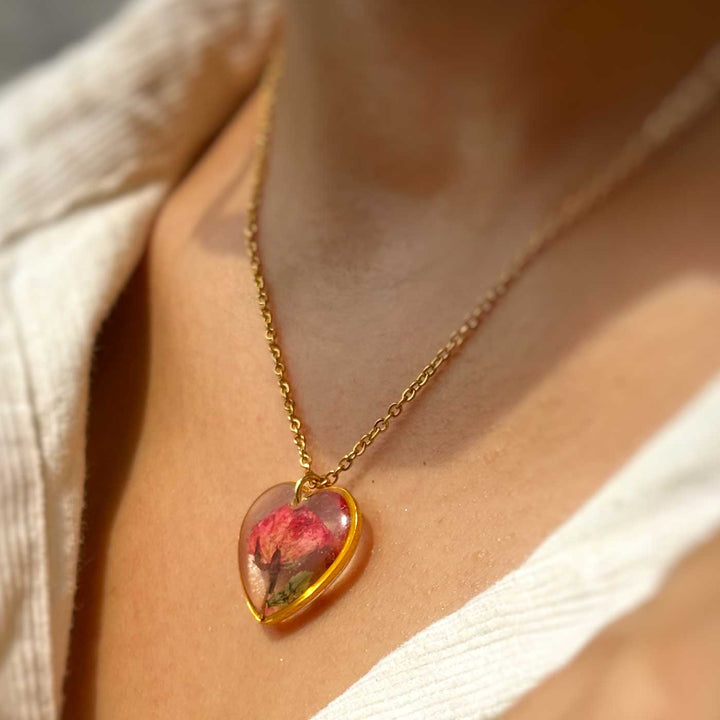 Red Preserved Rose Heart Stainless Steel Necklace