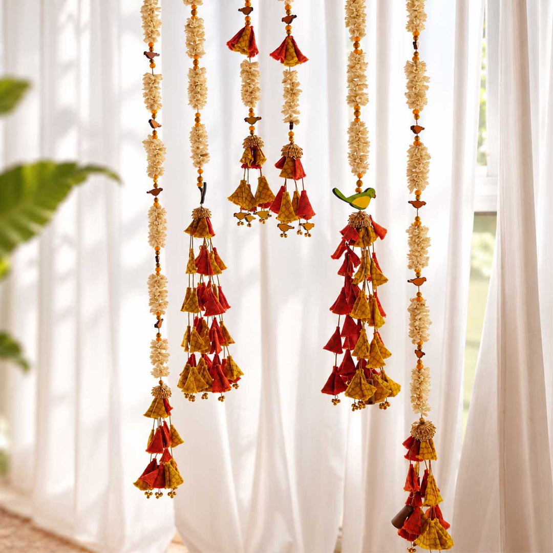 6 Pc | Handmade Parandi Bird Jute Wall Hanging Strings in Different Lengths With LED Lights & Shola Accents