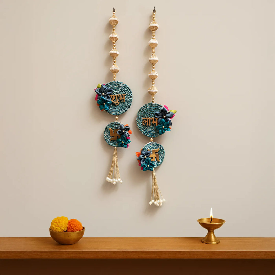 Handmade Beaded Reversible Floral Shubh Labh Hangings | Set Of 2
