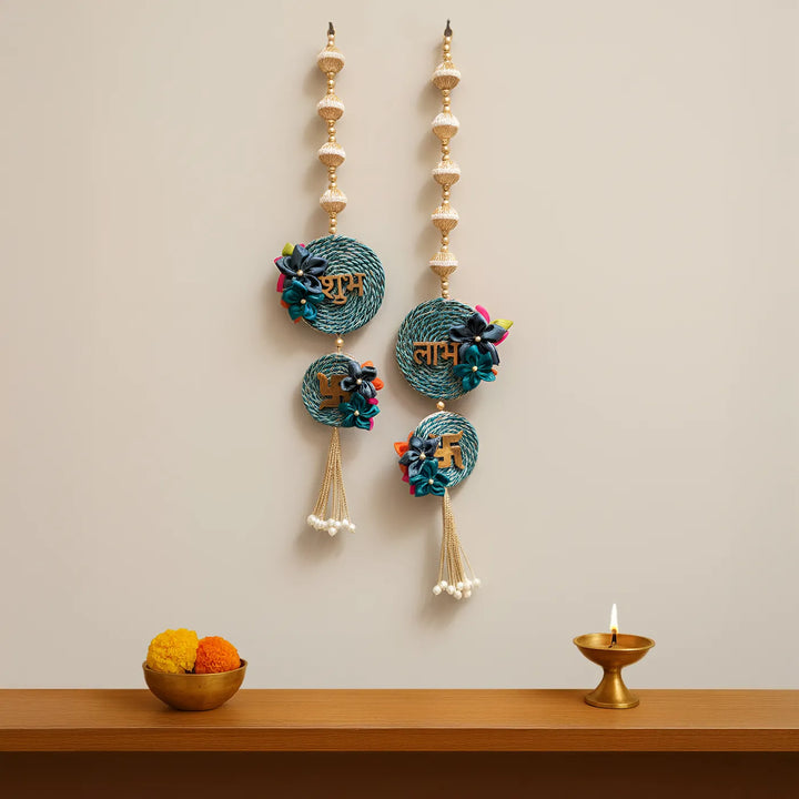 Handmade Beaded Reversible Floral Shubh Labh Hangings | Set Of 2