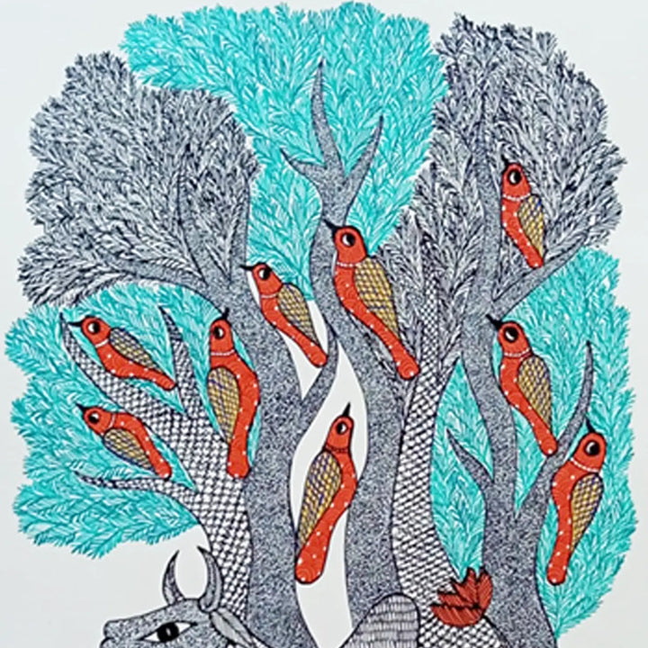 16 x 23 Inch | Bull & Bird| Original Hand Painted Tribal Gond Art Painting | Acrylic Paint On Paper