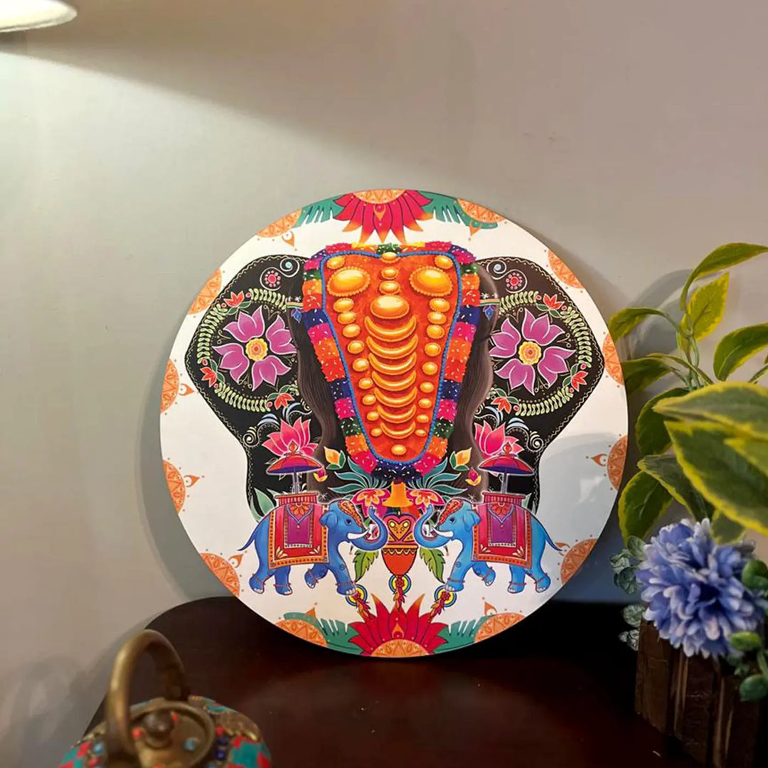 Printed Round Floral Elephant Theme MDF Wood Wall Decor