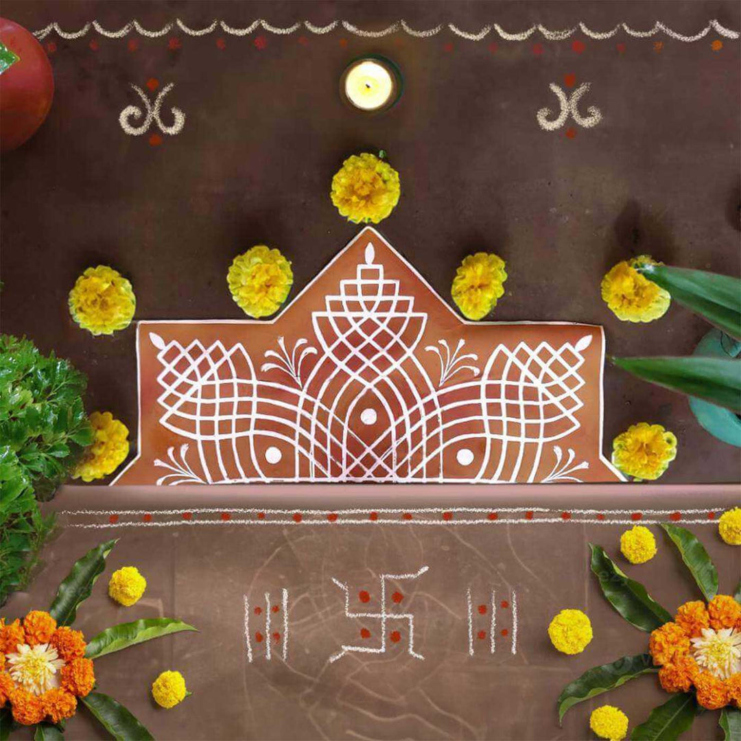 9.5 x 22.5 Inch | Hand-Painted Aureya Semicircle Canvas Kolam Reusable Rangoli Mat