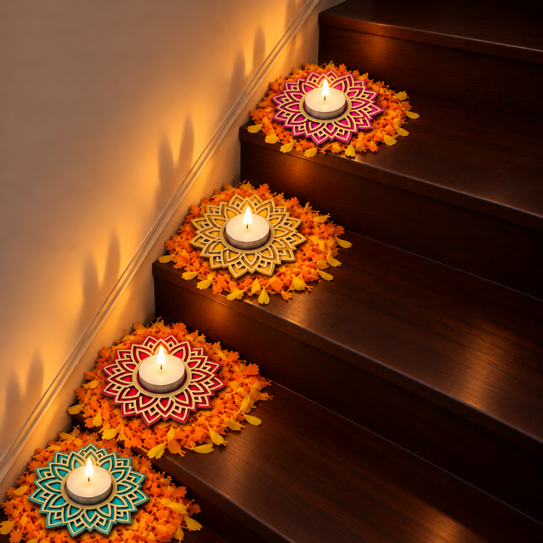 Handmade The Mandala Mdf Wood Tealight Holder | Set Of 4